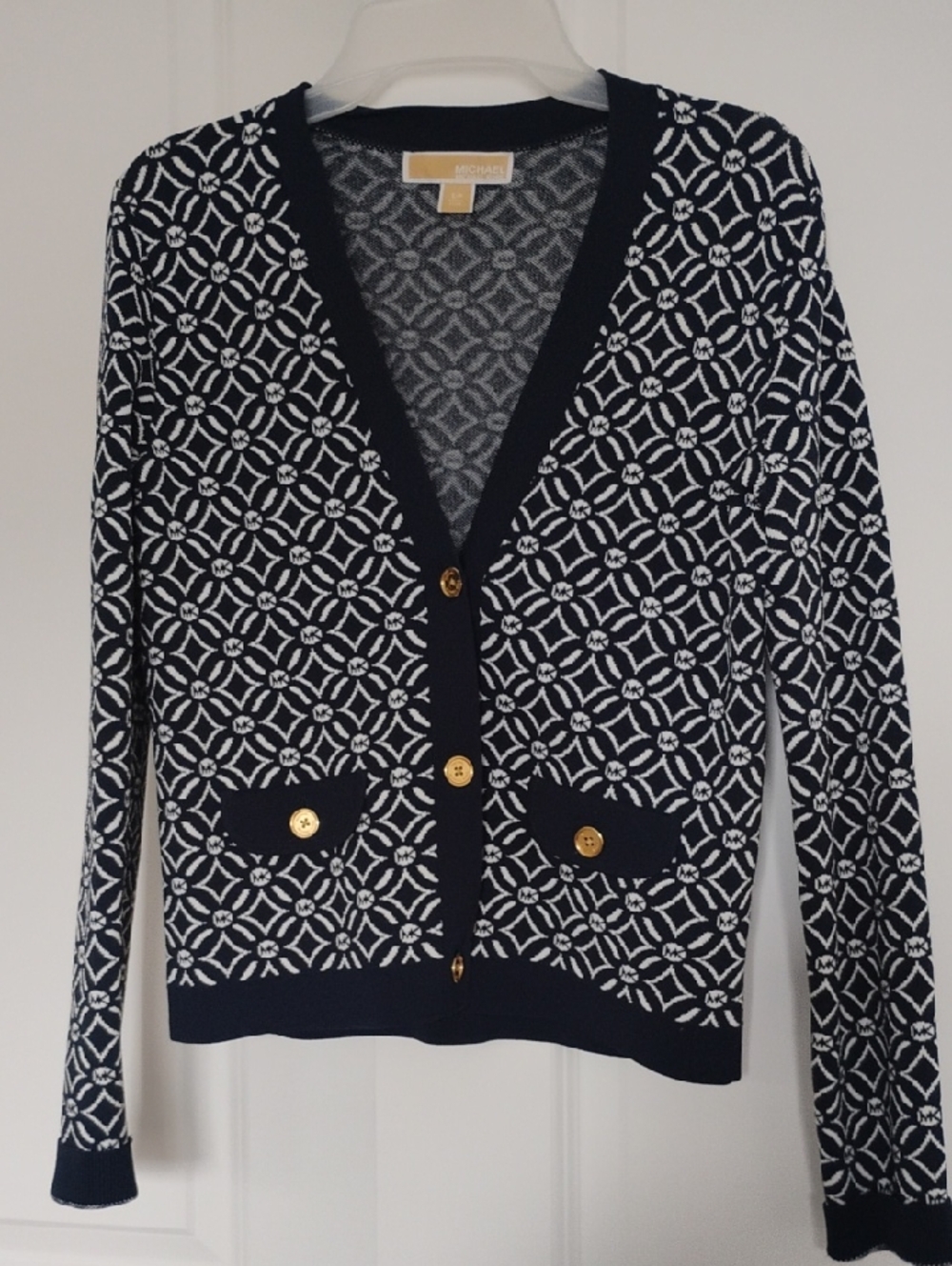Michael Kors Navy and White Knit Cardigan with Gold Buttons